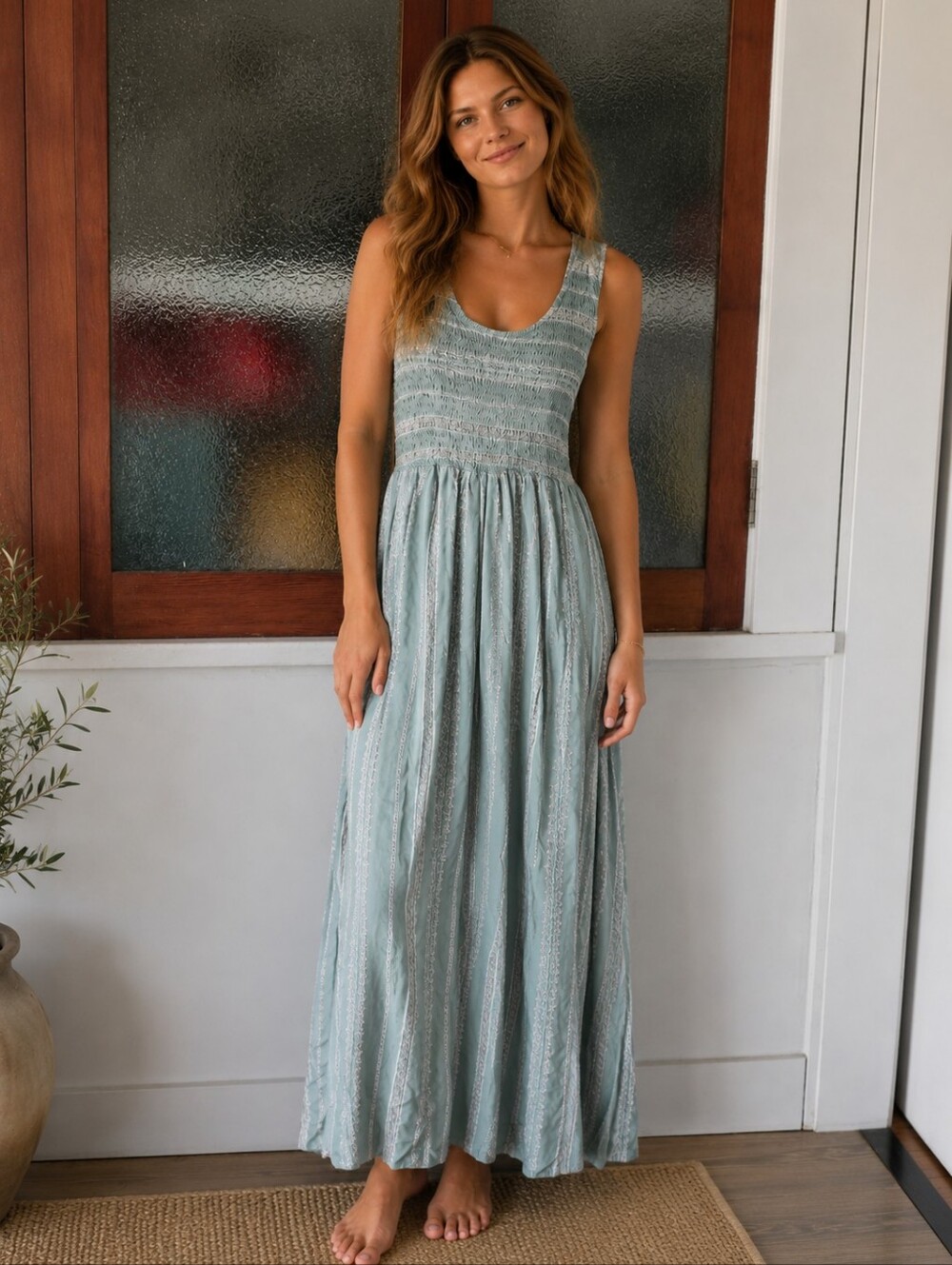 bleuh ciel Sage Green Racerback Smocked Midi Sundress